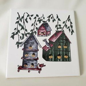 Ceramic Birdhouse Trivet 6 1/8" Square Tile With Cork Feet Made In USA